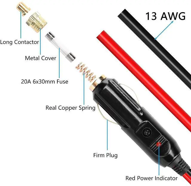 Alt view image 10 of 14 - Cigarette Lighter Male Plug Cable,12V Replacement Car Cigarette Lighter,With 20A Fuse,13AWG Tin-Plated Tail Wire- 2M/6.5FT