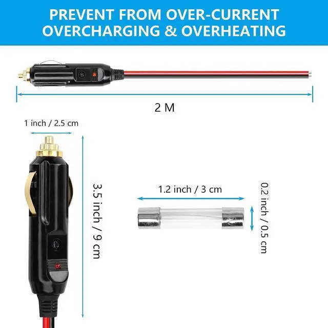 Alt view image 11 of 14 - Cigarette Lighter Male Plug Cable,12V Replacement Car Cigarette Lighter,With 20A Fuse,13AWG Tin-Plated Tail Wire- 2M/6.5FT