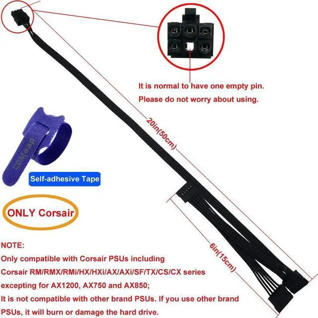 Alt view image 8 of 12 - SATA Power Cable for Corsair PSUs, 6 Pin to 3X 15 Pin SATA Hard Drive Power Adapter Splitter for BTC Mining Riser Card 20-in(50cm)