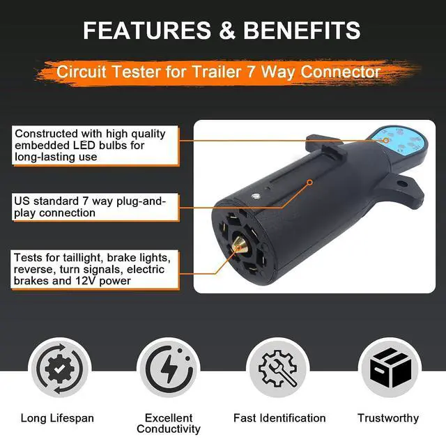 Alt view image 8 of 12 - CARROFIX Vehicle Side 7 Way Trailer Light Tester 7-Pin Blade RV Style Connector Tester LED Circuit Detector for Taillight, Turn Signal, Brake Light