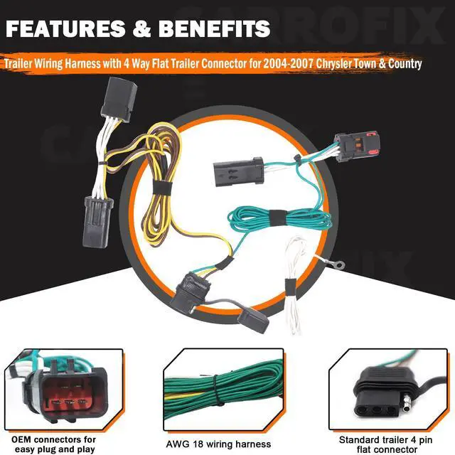 Alt view image 8 of 12 - CARROFIX Custom Fit T-Connector Harness 4 Way Flat Trailer Hitch Wiring Vehicle-Side 4 Pole Flat Connector, Compatible with 2004 - 2007 Chrysler Town & Country, 2004 - 2007 Dodge Caravan, 2004 - 2007