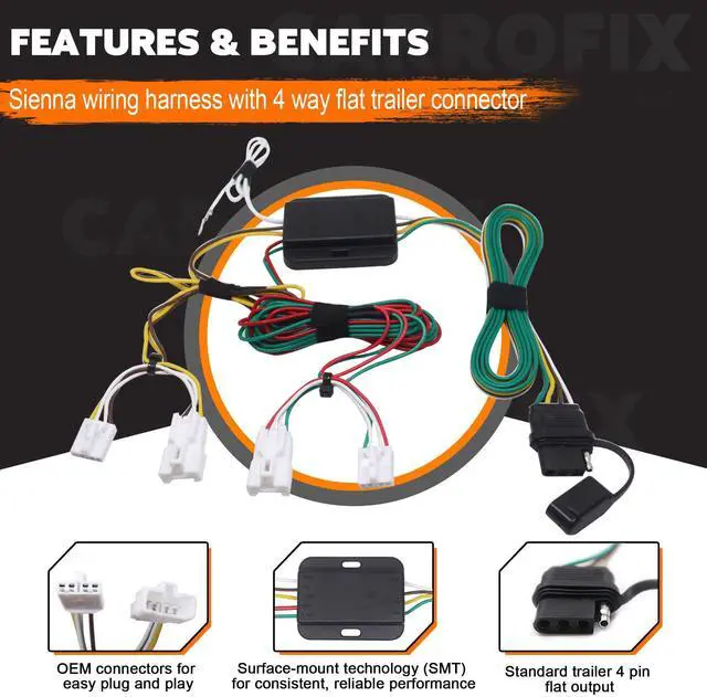 Alt view image 9 of 14 - CARROFIX Custom Fit T-Connector 55580 Vehicle Wiring Kit Harness with 4-Way Flat Trailer Connector for 2004-2010 Toyota Sienna