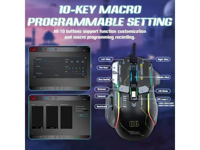 Alt view image 11 of 14 - VEGCOO Wired Gaming Mouse, 12800 DPI Optical Gamer Mouse with 10 Programmable Buttons, Colorful RGB Lights, Ergonomic Design for Gaming and Working
