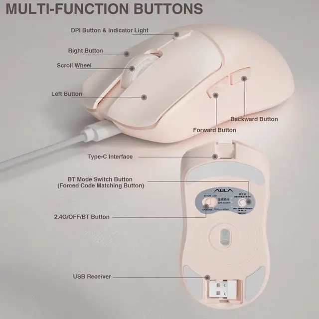 Alt view image 12 of 14 - Hoegoa SC580X Wireless Gaming Mouse, Tri-Mode 2.4G/BT5.0/USB-C Gaming Mice with 12000 DPI, 6 Programmable Buttons, Rechargeable Computer Mouse for Laptop/PC/Mac/Tablet