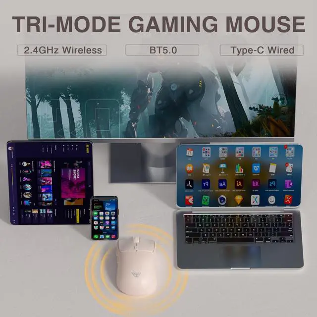 Alt view image 10 of 14 - Hoegoa SC580X Wireless Gaming Mouse, Tri-Mode 2.4G/BT5.0/USB-C Gaming Mice with 12000 DPI, 6 Programmable Buttons, Rechargeable Computer Mouse for Laptop/PC/Mac/Tablet
