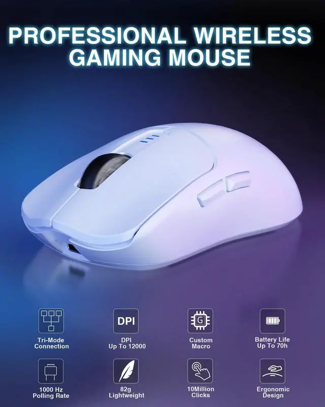 Alt view image 9 of 14 - Hoegoa SC580 Wireless Gaming Mouse, Tri-Mode 2.4G/BT5.0/USB-C Gaming Mouse, 12000 DPI Rechargeable Wireless Mouse with 6 Programmable Buttons, Ergonomic Computer Mouse for Laptop/PC/Mac/Tablet