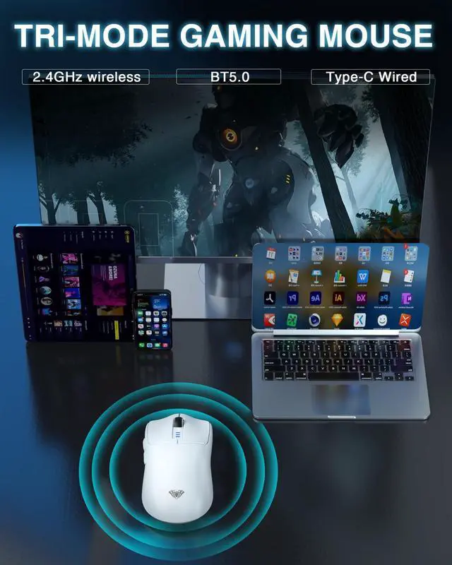 Alt view image 10 of 14 - Hoegoa SC580 Wireless Gaming Mouse, Tri-Mode 2.4G/BT5.0/USB-C Gaming Mouse, 12000 DPI Rechargeable Wireless Mouse with 6 Programmable Buttons, Ergonomic Computer Mouse for Laptop/PC/Mac/Tablet