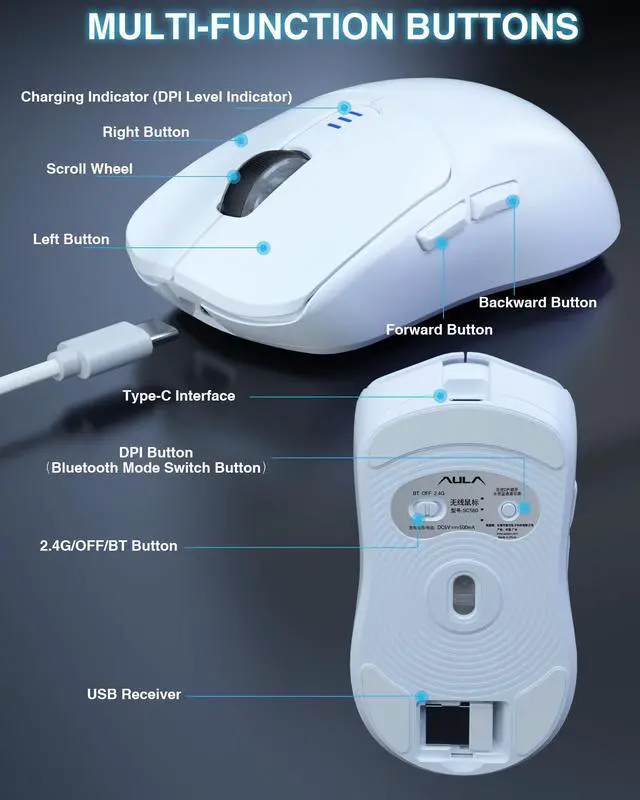 Alt view image 12 of 14 - Hoegoa SC580 Wireless Gaming Mouse, Tri-Mode 2.4G/BT5.0/USB-C Gaming Mouse, 12000 DPI Rechargeable Wireless Mouse with 6 Programmable Buttons, Ergonomic Computer Mouse for Laptop/PC/Mac/Tablet