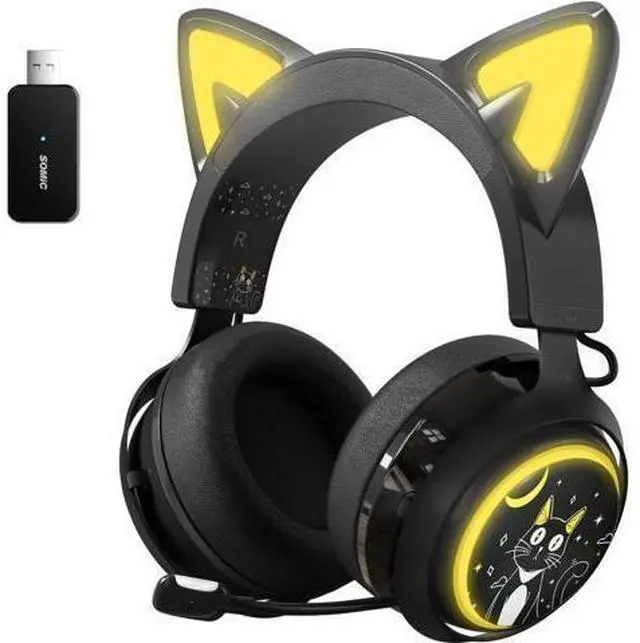 Alt view image 8 of 14 - SOMIC GS510 Cat Ear Headset Wireless Gaming Headphones for PS5/ PS4/ PC, Cute Headset 2.4G with Retractable Mic, 7.1 Stereo Sound, 8Hrs Playtime, RGB Lighting (Xbox Only Work in Wired Mode)