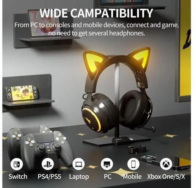 Alt view image 14 of 14 - SOMIC GS510 Cat Ear Headset Wireless Gaming Headphones for PS5/ PS4/ PC, Cute Headset 2.4G with Retractable Mic, 7.1 Stereo Sound, 8Hrs Playtime, RGB Lighting (Xbox Only Work in Wired Mode)