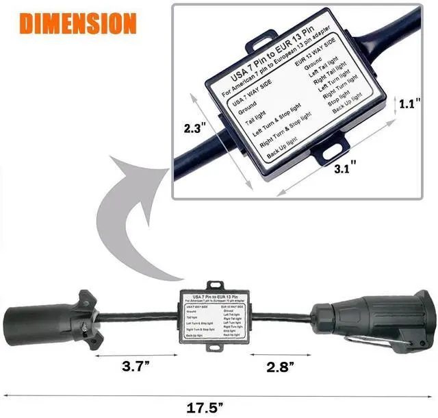 Alt view image 11 of 14 - CARROFIX Trailer Light Adapter Converter US Vehicle 7-Way Plug to European 13-Pin Round Connector