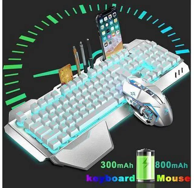 Alt view image 10 of 14 - Wireless Keyboard and Mouse,Blue LED Backlit Rechargeable Keyboard Mouse with 3800mAh Battery Metal Panel,Removable Hand Rest Mechanical Feel Keyboard and 7 Color Gaming Mute Mouse for PC Gamers