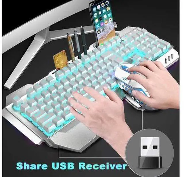 Alt view image 9 of 14 - Wireless Keyboard and Mouse,Blue LED Backlit Rechargeable Keyboard Mouse with 3800mAh Battery Metal Panel,Removable Hand Rest Mechanical Feel Keyboard and 7 Color Gaming Mute Mouse for PC Gamers