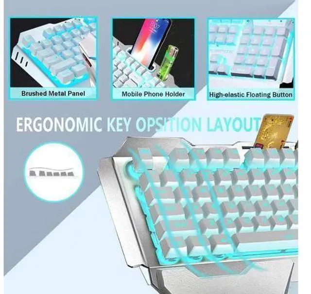 Alt view image 11 of 14 - Wireless Keyboard and Mouse,Blue LED Backlit Rechargeable Keyboard Mouse with 3800mAh Battery Metal Panel,Removable Hand Rest Mechanical Feel Keyboard and 7 Color Gaming Mute Mouse for PC Gamers
