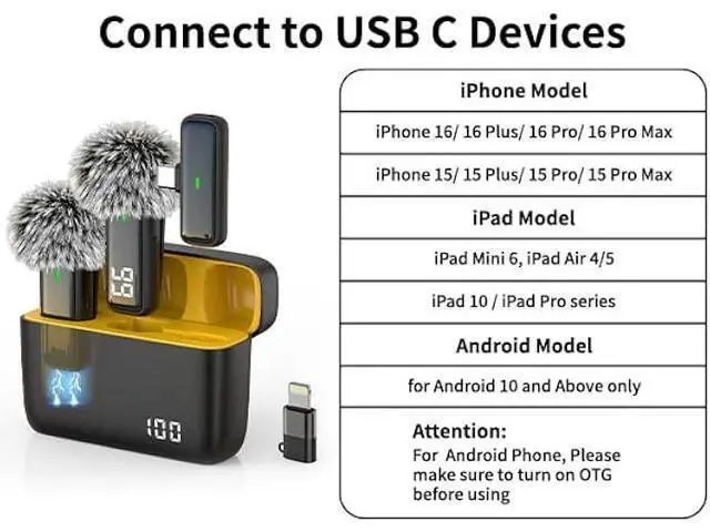 Alt view image 10 of 10 - Wireless Microphone for iPhone Android Lav Mic USB C Lavalier Microphone Type C Lapel Mic for iPhone 15/16 iPad Video Recording Vlog TikTok - 24H Charging Case Noise Reduction