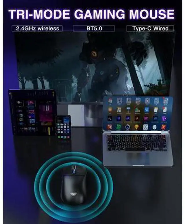 Alt view image 10 of 14 - Vszerda SC580 Wireless Gaming Mouse, Tri-Mode 2.4G/BT5.0/USB-C Gaming Mouse, 12000 DPI Rechargeable Wireless Mouse with 6 Programmable Buttons, Ergonomic Computer Mouse for Laptop/PC/Mac/Tablet