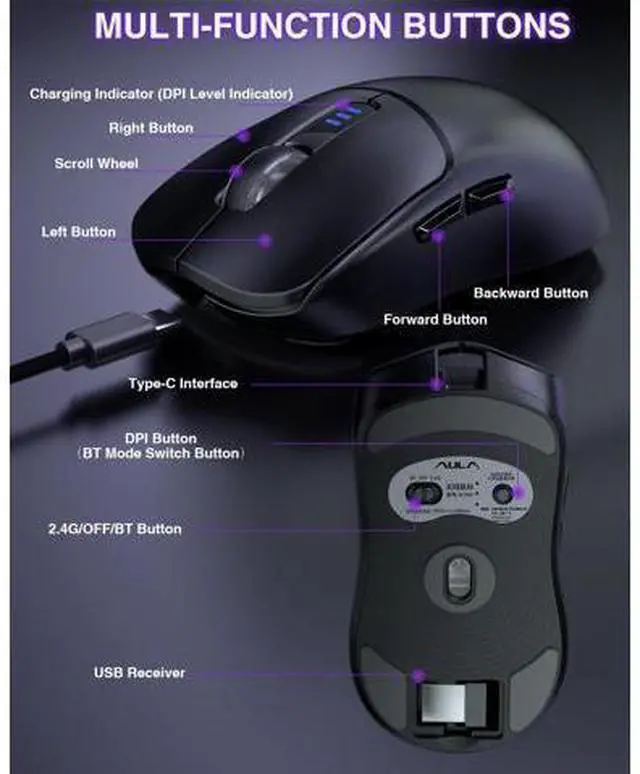 Alt view image 12 of 14 - Vszerda SC580 Wireless Gaming Mouse, Tri-Mode 2.4G/BT5.0/USB-C Gaming Mouse, 12000 DPI Rechargeable Wireless Mouse with 6 Programmable Buttons, Ergonomic Computer Mouse for Laptop/PC/Mac/Tablet