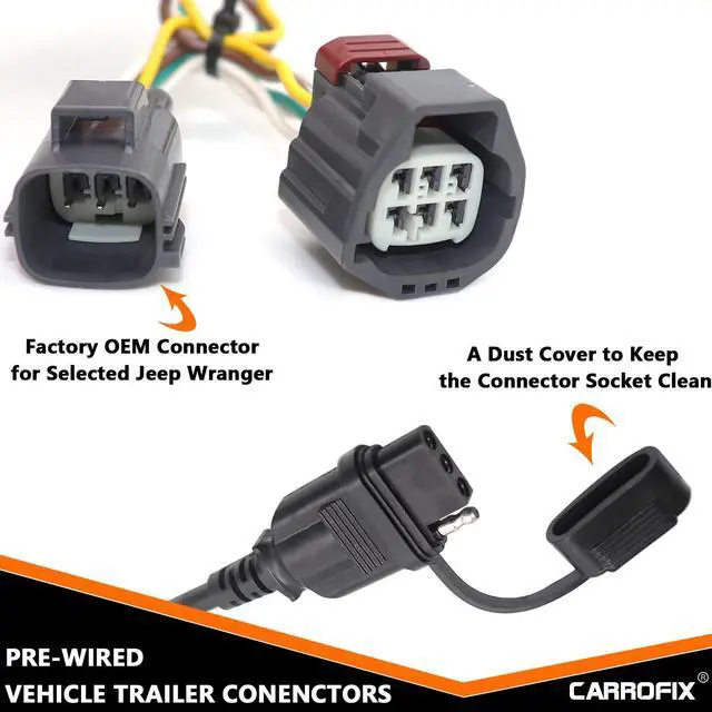 Alt view image 9 of 14 - CARROFIX 4 Way Flat Tow Hitch Trailer Wiring Harness for 2007-2018 Jeep Wrangler JK Models 69"