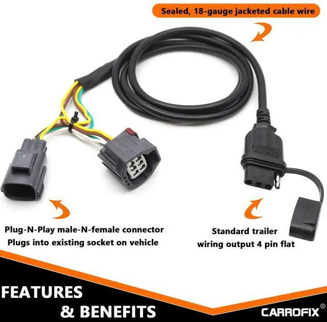 Alt view image 10 of 14 - CARROFIX 4 Way Flat Tow Hitch Trailer Wiring Harness for 2007-2018 Jeep Wrangler JK Models 69"