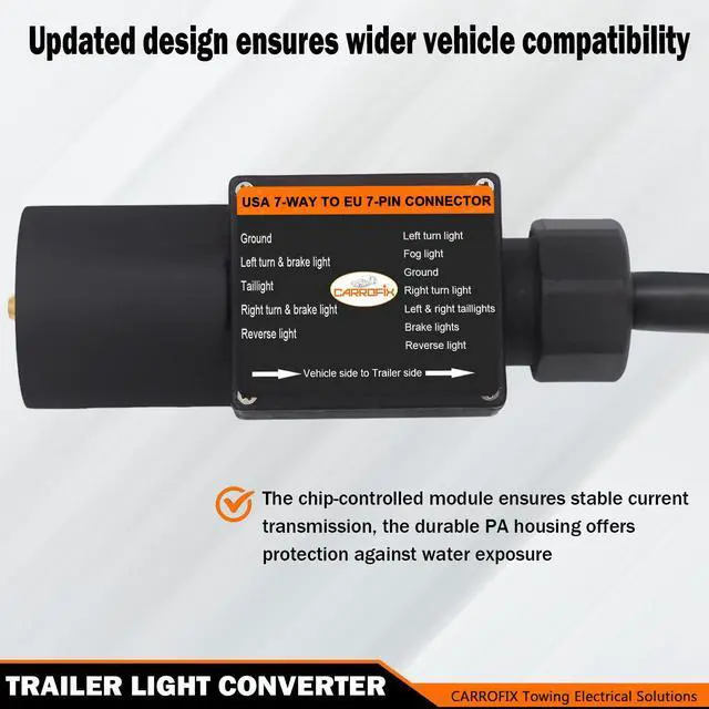 Alt view image 9 of 14 - CARROFIX Truck to Trailer Light Converter, US Vehicle Socket 7-Pole RV Blade to European Trailer 7 Pin Plug, PA Housing, Chip-Controlled