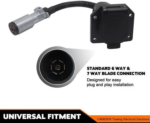 Alt view image 10 of 14 - CARROFIX Vehicle-Side 6-Way Round to 7-Way RV Blade Trailer Wiring Adapter, 6 Pole on Truck to 7 Blade on Trailer Connector, Flexible Wire Gives More Turning Radius
