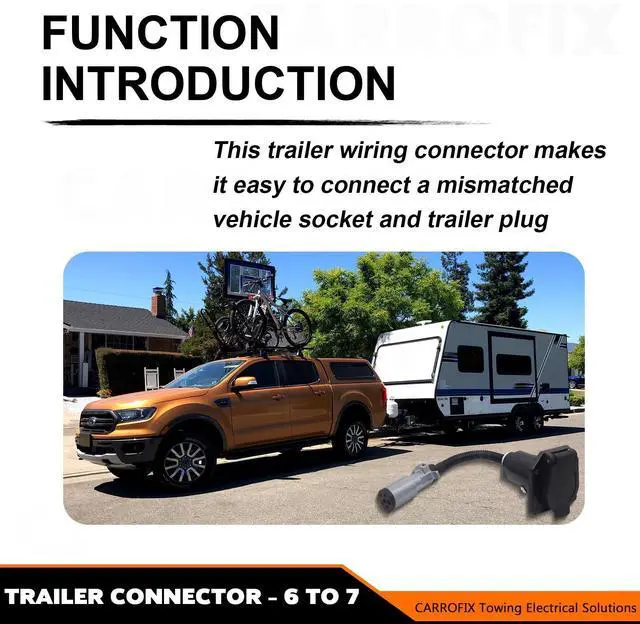 Alt view image 12 of 14 - CARROFIX Vehicle-Side 6-Way Round to 7-Way RV Blade Trailer Wiring Adapter, 6 Pole on Truck to 7 Blade on Trailer Connector, Flexible Wire Gives More Turning Radius