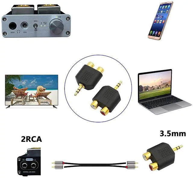 Alt view image 10 of 12 - (2-Pack) Gold Plated 3.5mm Stereo to 2-RCA Male to Female Audio Splitter, Dual RCA Jack Adapter