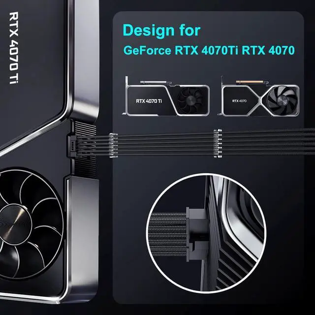 Alt view image 4 of 7 - WRIARICH Bangfun PCIE 5.0 RTX 4070Ti Extension Cable, 16Pin(12+4) Male to 2X8Pin Female PCI-e 5.0 Sleeved Extension Cord 12VHPWR 16Pin GPU Power Cable Designed for Geforce RTX 4070Ti-13Inch Black