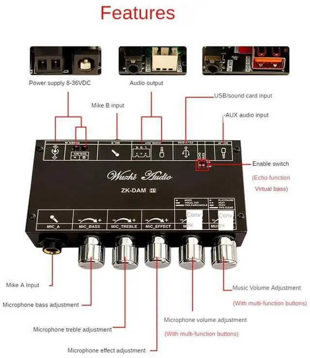 Alt view image 9 of 14 - Dam H1 Microphone Preamplifier Board Digital Karaoke Reverberation Board Accessories Kit with Bluetooth Decoding Amplifier DC 8-36V
