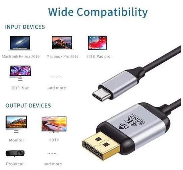 Alt view image 10 of 14 - Vszerda 1.8m USB 3.1 Type C USB-C Source to DisplayPort DP Displays Male 4K Monitor Cable for Laptop (USB-C to DP)