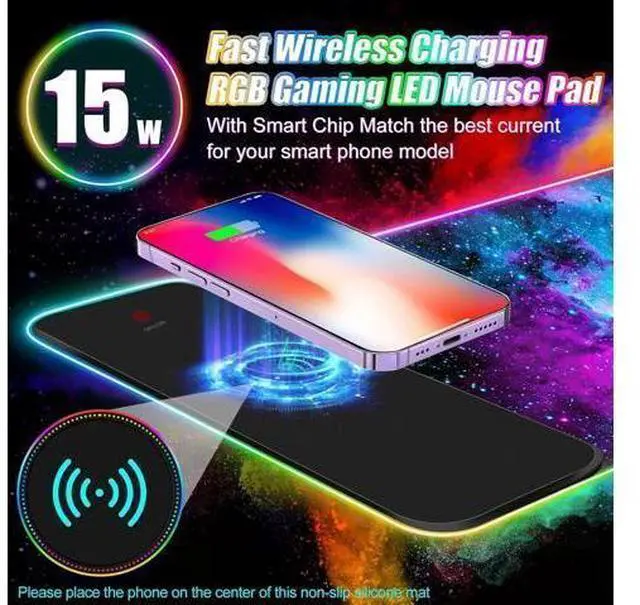 Alt view image 9 of 14 - ToLuLu Wireless Charging RGB Gaming Mouse Pad, 15W LED Mouse Mat with 30W Charger, 14 Light Modes Large Mousepad with Wrist Support, Non-Slip Rubber Base Desk Mat Computer Keyboard Pad, Galaxy Nebula