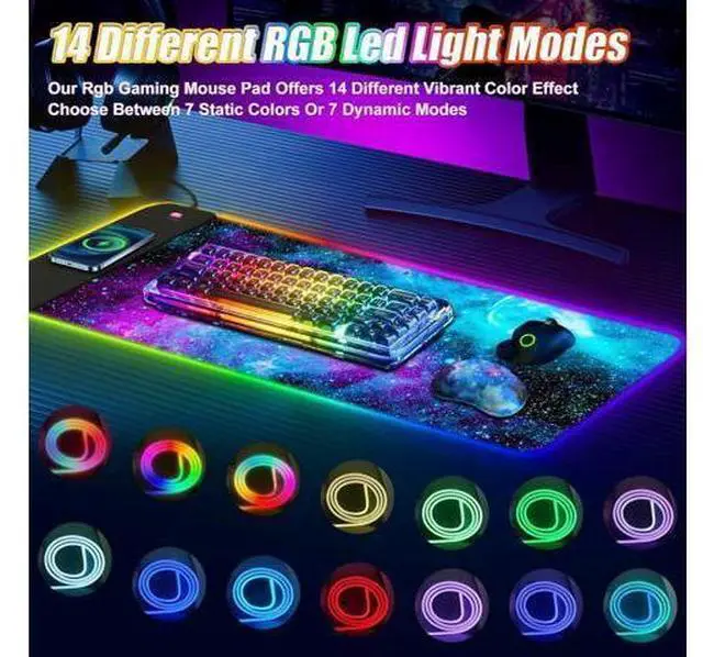 Alt view image 10 of 14 - ToLuLu Wireless Charging RGB Gaming Mouse Pad, 15W LED Mouse Mat with 30W Charger, 14 Light Modes Large Mousepad with Wrist Support, Non-Slip Rubber Base Desk Mat Computer Keyboard Pad, Galaxy Nebula