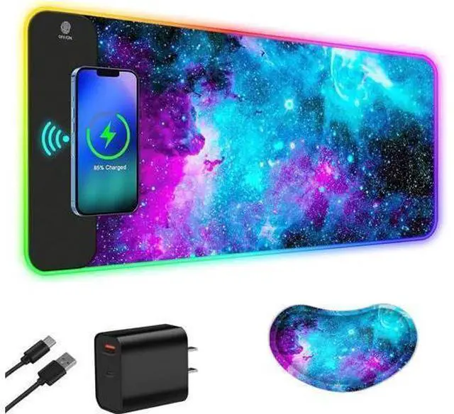 Alt view image 8 of 14 - ToLuLu Wireless Charging RGB Gaming Mouse Pad, 15W LED Mouse Mat with 30W Charger, 14 Light Modes Large Mousepad with Wrist Support, Non-Slip Rubber Base Desk Mat Computer Keyboard Pad, Galaxy Nebula