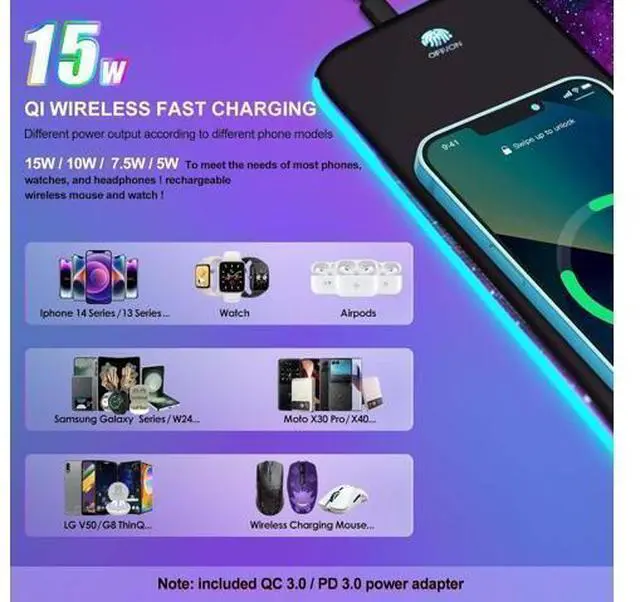 Alt view image 14 of 14 - ToLuLu Wireless Charging RGB Gaming Mouse Pad, 15W LED Mouse Mat with 30W Charger, 14 Light Modes Large Mousepad with Wrist Support, Non-Slip Rubber Base Desk Mat Computer Keyboard Pad, Galaxy Nebula