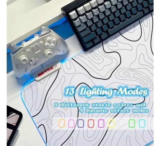 Alt view image 8 of 10 - JMIYAV Gaming Mouse Pad RGB Mousepad Non-Slip Rubber Base Large Cool XL XXL Computer Desk Pad Gaming Accessories LED Light Up Big Mouse Pad for Gamer Topographic White (31.5x12In)