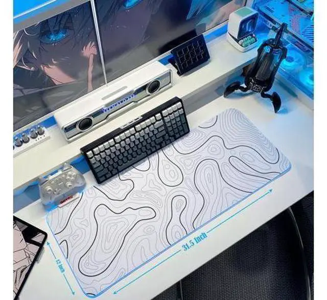 Alt view image 10 of 10 - JMIYAV Gaming Mouse Pad RGB Mousepad Non-Slip Rubber Base Large Cool XL XXL Computer Desk Pad Gaming Accessories LED Light Up Big Mouse Pad for Gamer Topographic White (31.5x12In)
