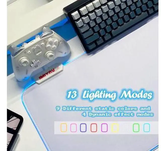 Alt view image 9 of 10 - JMIYAV White Gaming Mouse Pad RGB Mousepad Non-Slip Rubber Base Extra Large Cool XL XXL Computer Desk Pad Gaming Accessories LED Light Up Extended Big Mouse Pad for Gamer (31.5x12In) Upgrade