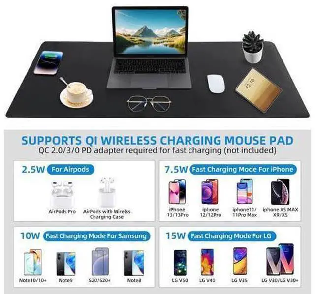 Alt view image 9 of 10 - Wireless Charging Mouse Pad with for Desktop Charging Large Desk Mat 36"x17" Waterproof Black Leather Computer Mat Mousepad Non-Slip Protector on Top of Desks for Keyboard and Mouse(Black-L)