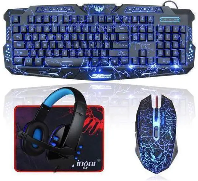 Alt view image 8 of 12 - Backlit Gaming Keyboard and Mouse and LED Headset Combo,USB Wired 3 Color Crack Backlit Keyboard,Blue LED Light Gaming Headset,Gaming Keyboard Mouse Headphone Set for Work and Game
