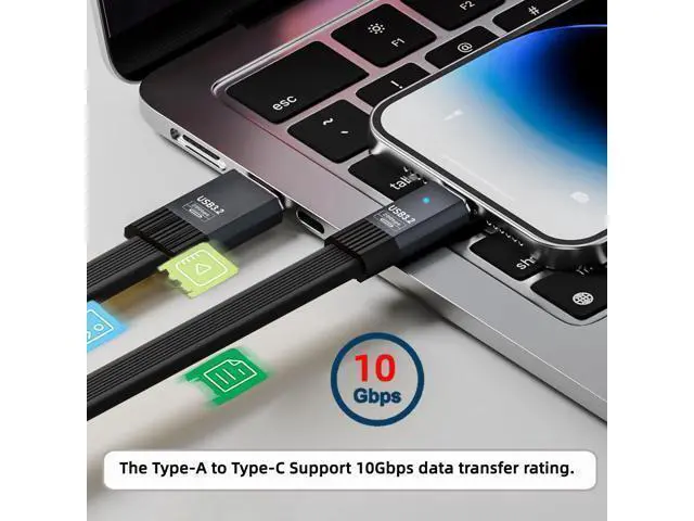 Alt view image 14 of 14 - Vszerda USB3.1 Type-A Male Host to Type-C Male 10Gbps Flat Slim FPC USB-C Data Power Cable 5V3A Compatible with Laptop Phone Disk (100cm)