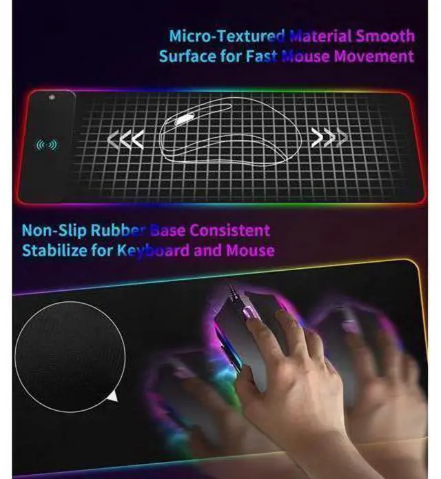Alt view image 11 of 14 - RGB Gaming Mouse Pad with 15W Wireless Qi Charging, LED Mouse Mat 800x300x4mm, 8 Light Modes Extra Large Mousepad Non-Slip Rubber Base Computer Keyboard Mat for Gaming, MacBook, PC, Laptop, Desk