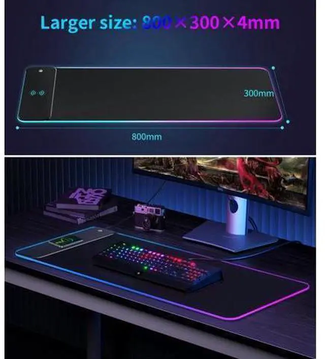 Alt view image 12 of 14 - RGB Gaming Mouse Pad with 15W Wireless Qi Charging, LED Mouse Mat 800x300x4mm, 8 Light Modes Extra Large Mousepad Non-Slip Rubber Base Computer Keyboard Mat for Gaming, MacBook, PC, Laptop, Desk