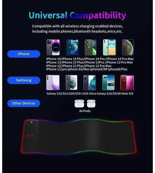 Alt view image 13 of 14 - RGB Gaming Mouse Pad with 15W Wireless Qi Charging, LED Mouse Mat 800x300x4mm, 8 Light Modes Extra Large Mousepad Non-Slip Rubber Base Computer Keyboard Mat for Gaming, MacBook, PC, Laptop, Desk