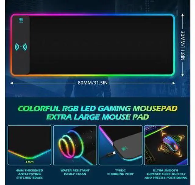 Alt view image 13 of 14 - RGB Gaming Wireless Charging Mouse Pad 5/7.5/10/15W 10 Light Modes LED Mouse Pad Computer Keyboard Mat Mousepad 800x300x4MM Extended Large Desk Mat for Gaming MacBook Laptop PC Black