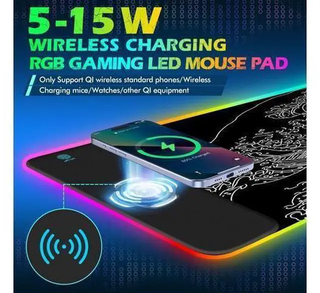 Alt view image 7 of 10 - ToLuLu RGB Wireless Charging Gaming Mouse Pad, 7.5/10/15W 10 Light Modes LED Mouse Pad Computer Keyboard Mat Mousepad, 800x300x4MM Extended Large Desk Pad Mat, Japanese Kanagawa Sea Wave Black White