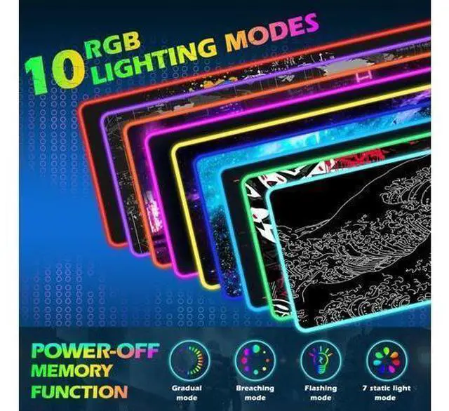 Alt view image 8 of 10 - ToLuLu RGB Wireless Charging Gaming Mouse Pad, 7.5/10/15W 10 Light Modes LED Mouse Pad Computer Keyboard Mat Mousepad, 800x300x4MM Extended Large Desk Pad Mat, Japanese Kanagawa Sea Wave Black White
