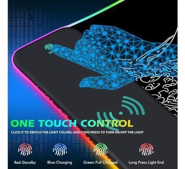 Alt view image 9 of 10 - ToLuLu RGB Wireless Charging Gaming Mouse Pad, 7.5/10/15W 10 Light Modes LED Mouse Pad Computer Keyboard Mat Mousepad, 800x300x4MM Extended Large Desk Pad Mat, Japanese Kanagawa Sea Wave Black White