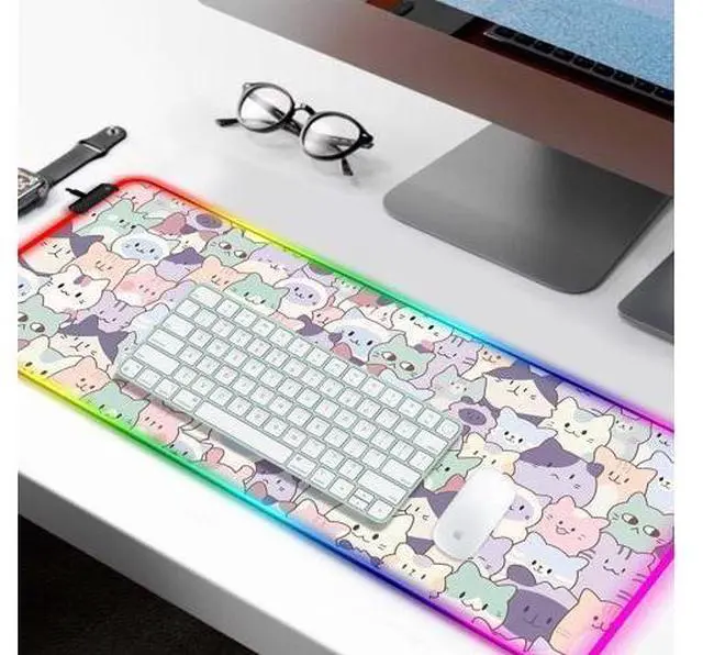 Alt view image 7 of 10 - JIANG100 RGB Cute Pink Cat Gaming Desk Mat, Computer Keyboard Large Extended Kawaii Pastel Cat LED Mouse Pad for Office and Home, 31.5x11.8 Inches, XL