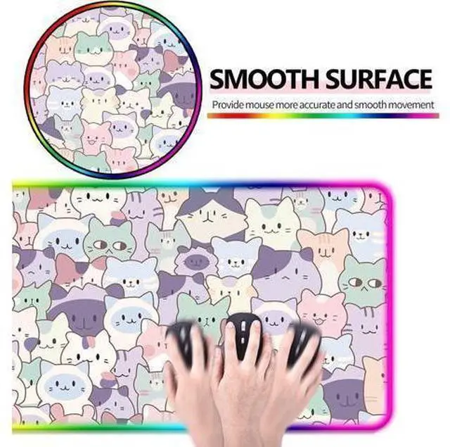 Alt view image 8 of 10 - JIANG100 RGB Cute Pink Cat Gaming Desk Mat, Computer Keyboard Large Extended Kawaii Pastel Cat LED Mouse Pad for Office and Home, 31.5x11.8 Inches, XL