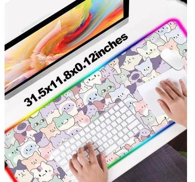 Alt view image 10 of 10 - JIANG100 RGB Cute Pink Cat Gaming Desk Mat, Computer Keyboard Large Extended Kawaii Pastel Cat LED Mouse Pad for Office and Home, 31.5x11.8 Inches, XL